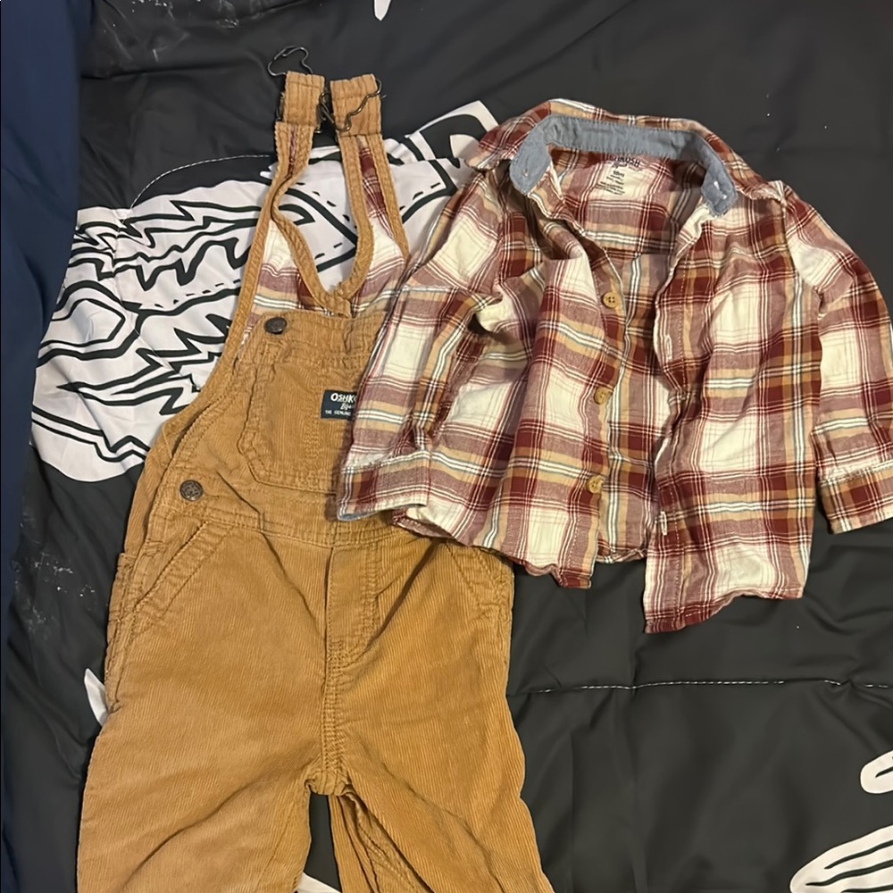 OshKosh B'gosh Tan Overalls and Plaid Shirt Set